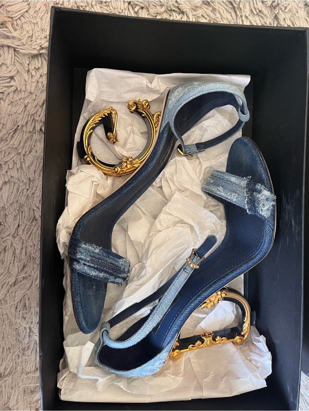 Dolce and Gabbana Logo Blue Denim Heeled Sandals with Gold Accent